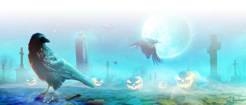 Halloween background with raven in a spooky night.