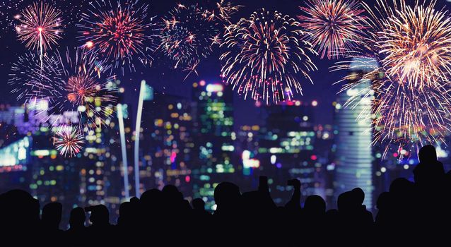 Colorful firework with bokeh background. New Year celebration, Abstract holiday background