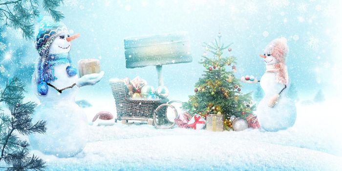 Happy snowman standing in winter christmas landscape.