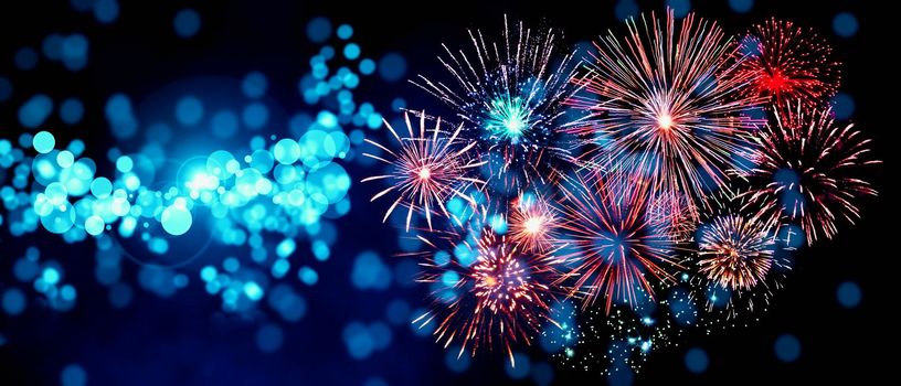 Colorful firework with bokeh background. New Year celebration, Abstract holiday background