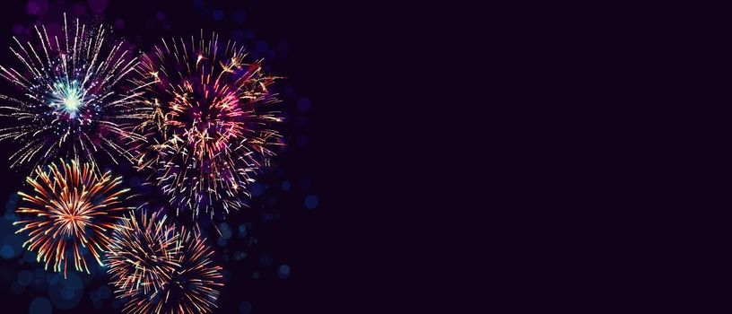 Colorful firework with bokeh background. New Year celebration, Abstract holiday background