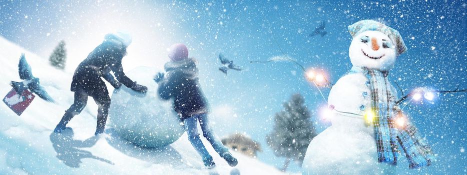 Happy snowman standing in winter christmas landscape.