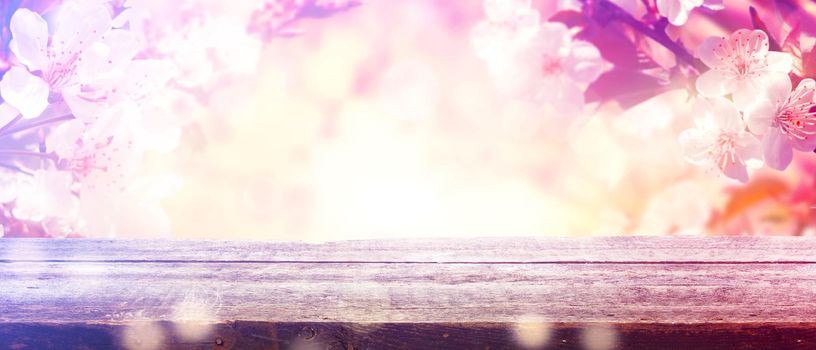 Beautiful nature scene with blooming flowers tree.