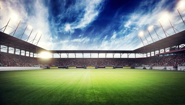 Football stadium, shiny lights, view from field. Soccer concept
