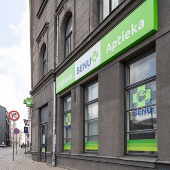 Riga, Latvia. August 2021.  exterior view of a pharmacy in the city center