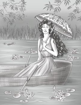 Sad Lady In Dress Carrying Umbrella Riding Boat In A Lake With Water Lilies