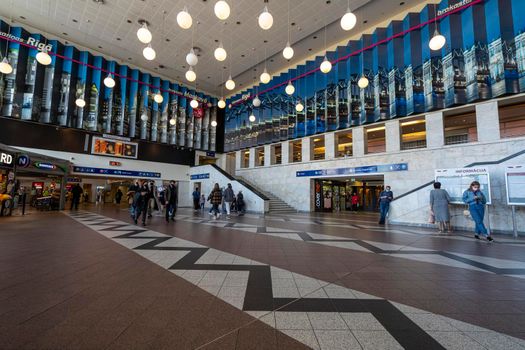 Riga, Latvia. August 2021.  view of the inner hall of the train station in the city center