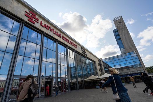 Riga, Latvia. August 2021. view of the external facade of the railway station in the city center