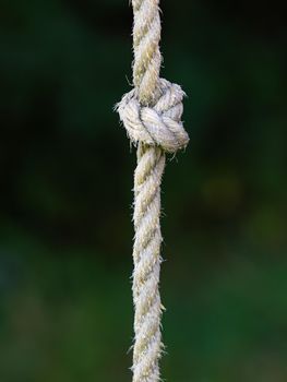 Knotted sports rope hanging from crossbar of horizontal bars on trees blurry background
