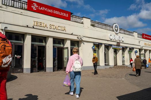 Riga, Latvia. August 2021. view of the external facade of the railway station in the city center