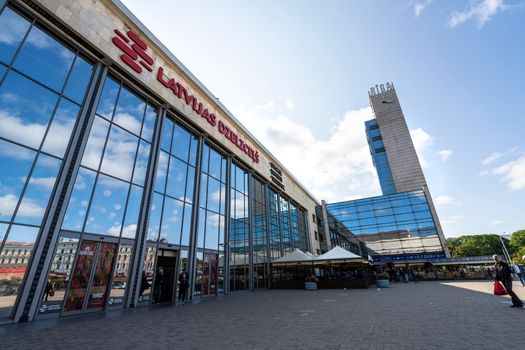 Riga, Latvia. August 2021. view of the external facade of the railway station in the city center
