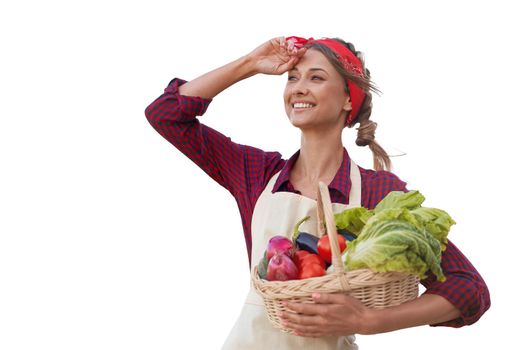 Woman dressed apron white background Farmer vegetables basket Agricultural concept Caucasian middle age Female business owner in uniform Happy one person smiling Time to advertise Banner Thumb up