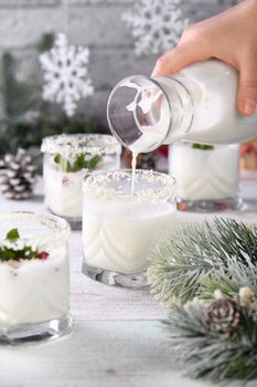 Making a cocktail White Christmas mojito made from liqueur, tequila, coconut milk with pomegranate seeds, coconut flakes and refreshing mint.