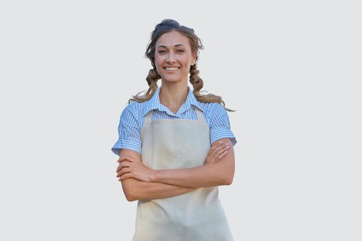 Woman dressed apron white background Caucasian middle age female business owner in uniform Happy one person smiling Time to advertise Small business