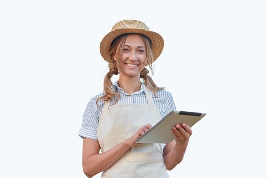 Woman dressed apron with digital tablet isolated white background Farmer agricultural Caucasian middle age Female business owner Happy one person smiling Time to advertise Concept web banner