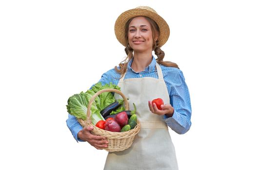 Woman dressed apron white background Farmer vegetables basket Agricultural concept Caucasian middle age Female business owner in uniform Happy one person smiling Time to advertise Banner