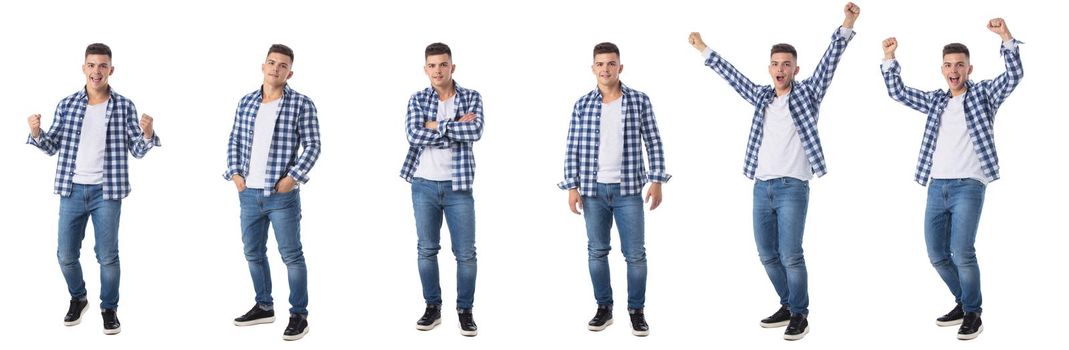 Set of Full length portraits of handsome young man in casual clothes isolated on white background