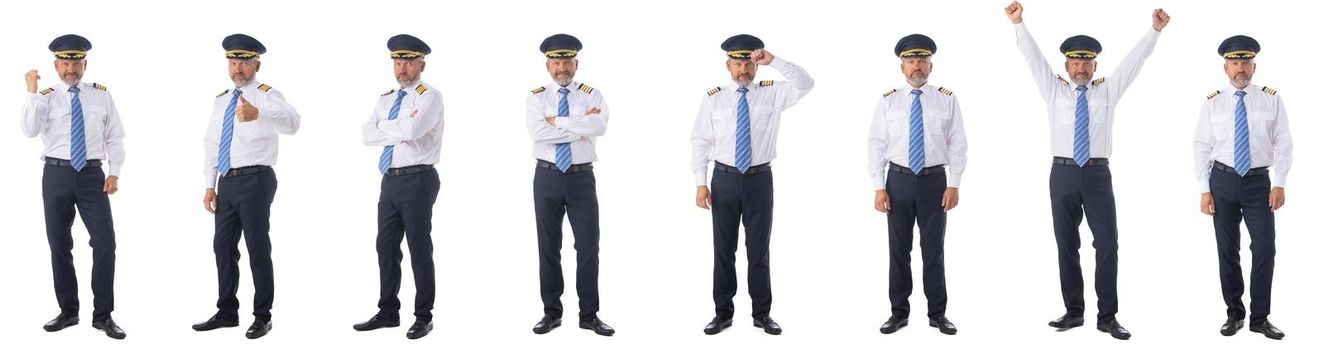 Photo of an airline pilot wearing the four bar Captains epaulettes, firlst pilot, aircraft commander, isolated on white background, set of full length portraits