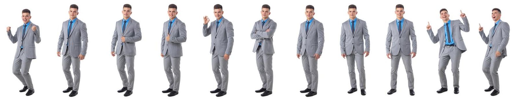 Set of young business man full length portraits doing different gestures isolated on white background