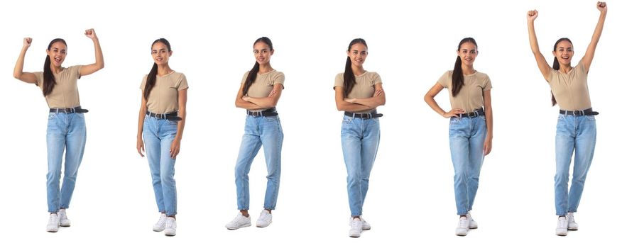 Set of Full length portraits of beautiful young woman in casual clothes isolated on white background
