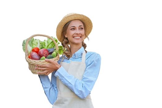 Woman dressed apron white background Farmer vegetables basket Agricultural concept Caucasian middle age Female business owner in uniform Happy one person smiling Time to advertise Banner