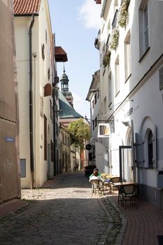 Riga, Latvia. August 2021. An old street in the city center