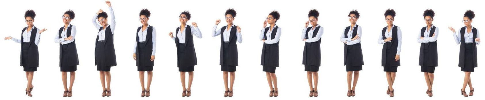 Set of full length portraits of smiling african girl business woman in glasses isolated on white background