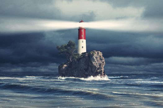 Beautiful summer seascape with lighthouse and sky