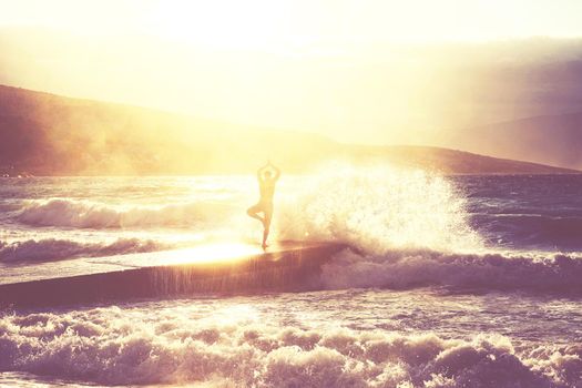 Feeling of freedom concept. Man standing on pier facing to the sea with big waves.