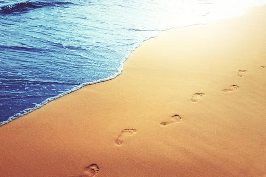 Detail of human feet in the golden sand at the beach. Summer travel and vacation concept.