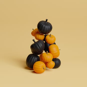 bunch of black and orange pumpkins floating in the air. Minimal autumn and Halloween concept. 3d rendering