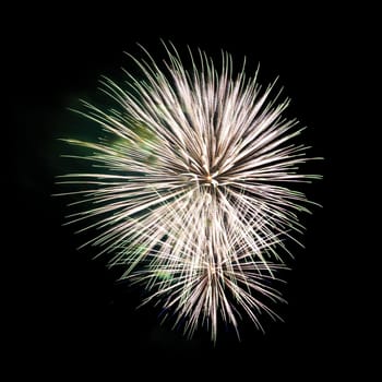 Colorful celebration fireworks isolated on a black sky background.