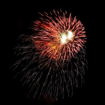 Colorful celebration fireworks isolated on a black sky background.