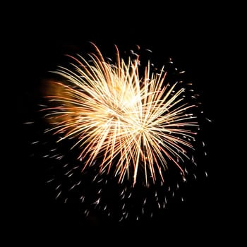 Colorful celebration fireworks isolated on a black sky background.