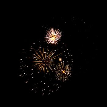 Colorful celebration fireworks isolated on a black sky background.