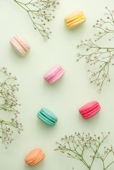 Dessert. Sweet macarons or macaroons with flowers.