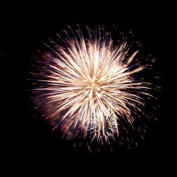 Colorful celebration fireworks isolated on a black sky background.