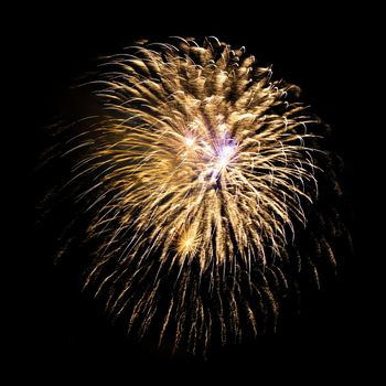 Colorful celebration fireworks isolated on a black sky background.