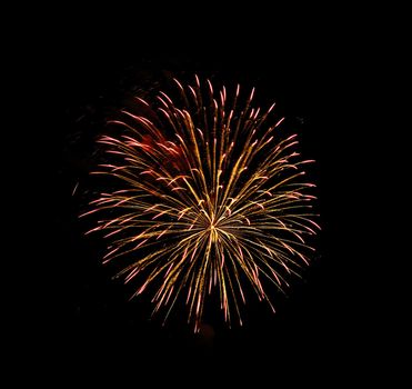 Colorful celebration fireworks isolated on a black sky background.