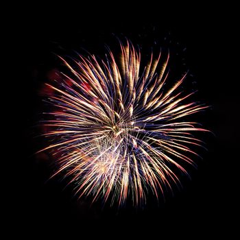 Colorful celebration fireworks isolated on a black sky background.