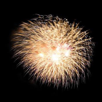 Colorful celebration fireworks isolated on a black sky background.