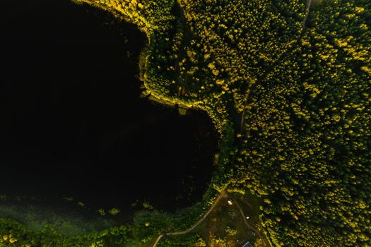 Top view of the lake Bolta in the forest in the Braslav lakes National Park, the most beautiful places in Belarus.An island in the lake.Belarus