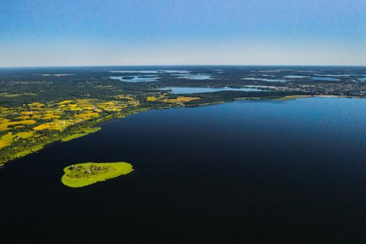 Top view of lake Drivyaty in the Braslav lakes National Park, the most beautiful lakes in Belarus.An island in the lake.Belarus