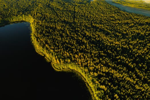 Top view of the lake Bolta in the forest in the Braslav lakes National Park, the most beautiful places in Belarus.An island in the lake.Belarus