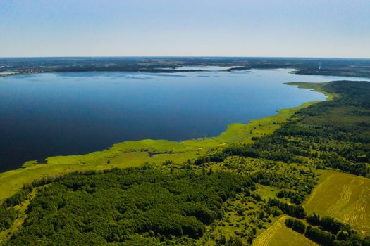Top view of lake Drivyaty in the Braslav lakes National Park, the most beautiful lakes in Belarus.An island in the lake.Belarus
