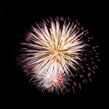 Colorful celebration fireworks isolated on a black sky background.