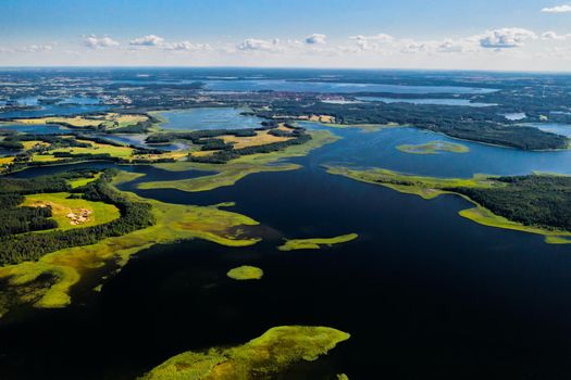 Top view of the Snudy and Strusto lakes in the Braslav lakes National Park, the most beautiful lakes in Belarus.Belarus.