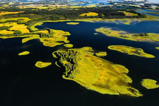 Top view of the Snudy and Strusto lakes in the Braslav lakes National Park, the most beautiful lakes in Belarus.Belarus.