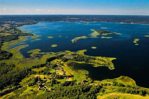 Top view of the Snudy and Strusto lakes in the Braslav lakes National Park, the most beautiful lakes in Belarus.Belarus.