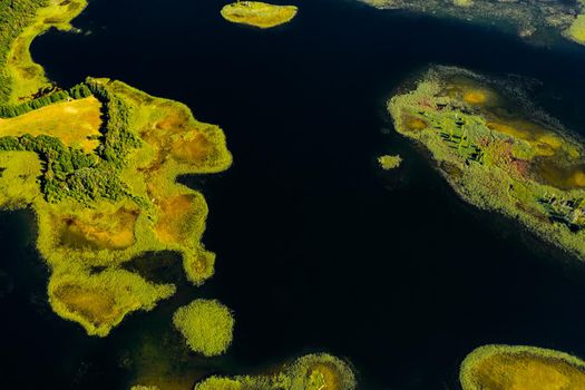 Top view of the Snudy and Strusto lakes in the Braslav lakes National Park, the most beautiful lakes in Belarus.Belarus.